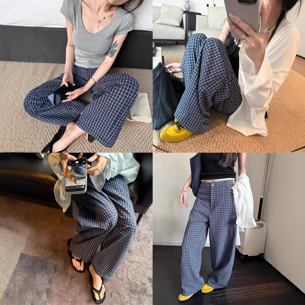 柄 パンツ クラシック格子柄ワイドパンツ
