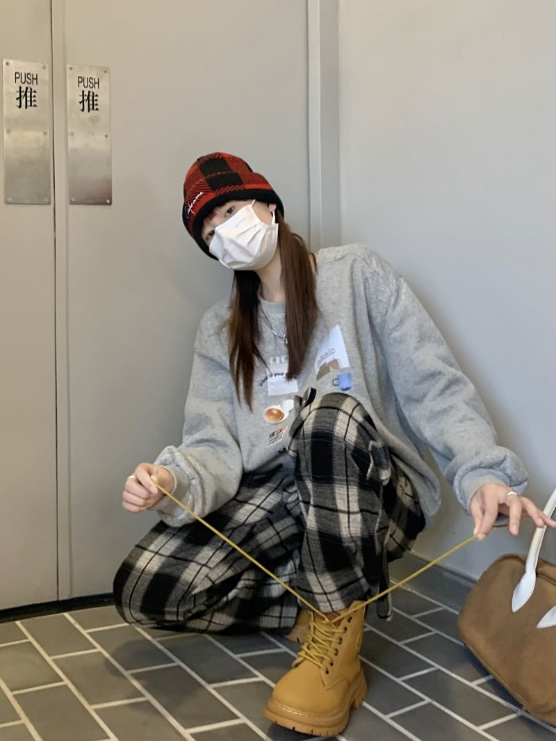 柄 パンツ 韓国風レトロチェック柄パンツ