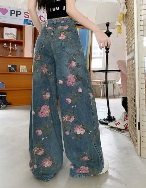 柄 パンツ 花柄プリントワイドデニムパンツ