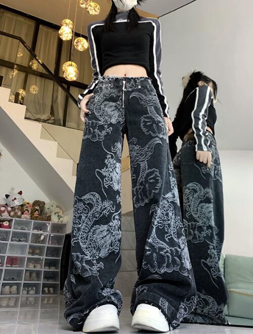柄 パンツ 龍柄ワイドデニムパンツ レディース ユニセックス