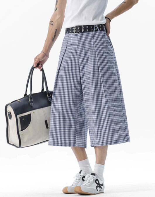柄 パンツ チェック柄ワイドパンツ七分丈ゆったりシルエット