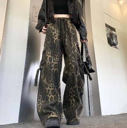 柄 パンツ 秋冬新作ヒョウ柄ワイドパンツカジュアル