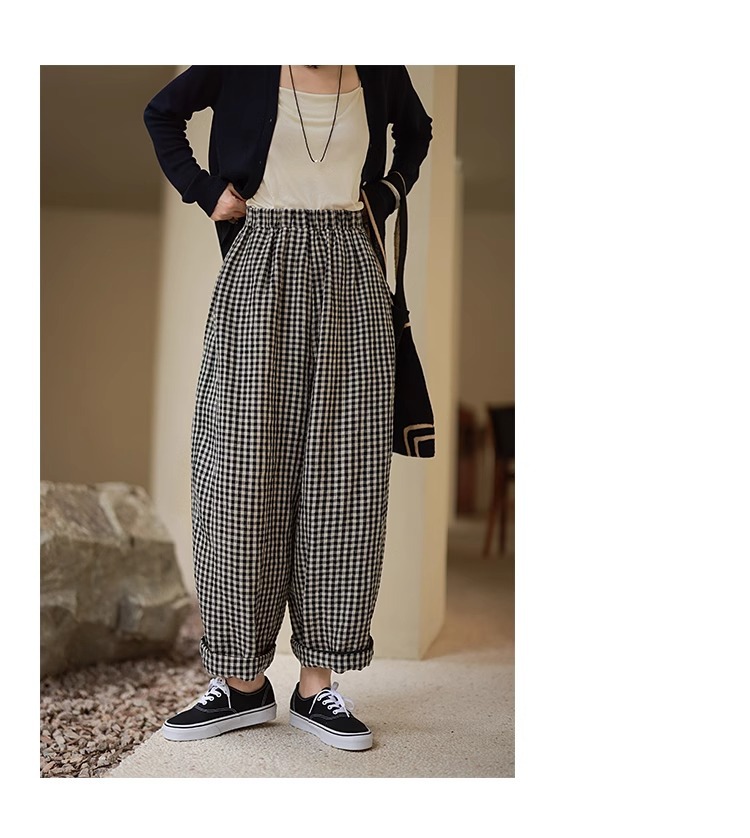 柄 パンツ ギンガムチェック柄ワイドパンツ ウエストゴム