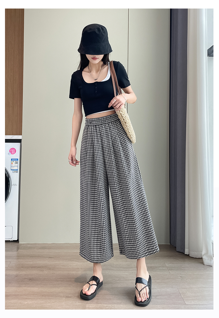 柄 パンツ ギンガムチェックワイドパンツ