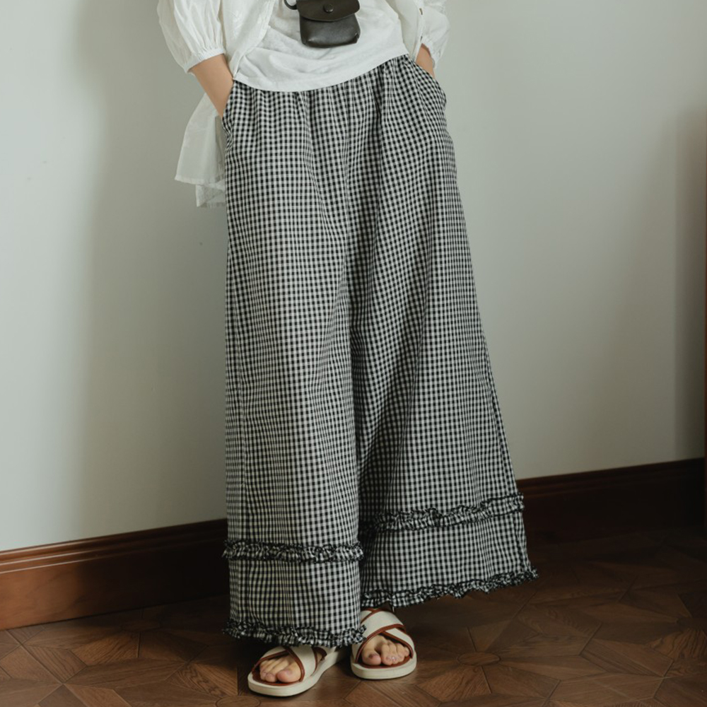 柄 パンツ 春夏新作 韓国風 チェック柄 フリルワイドパンツ