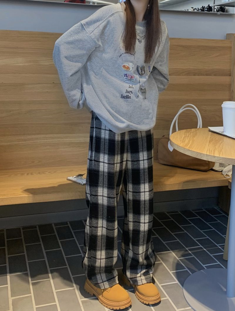 柄 パンツ 韓国風レトロチェック柄パンツ
