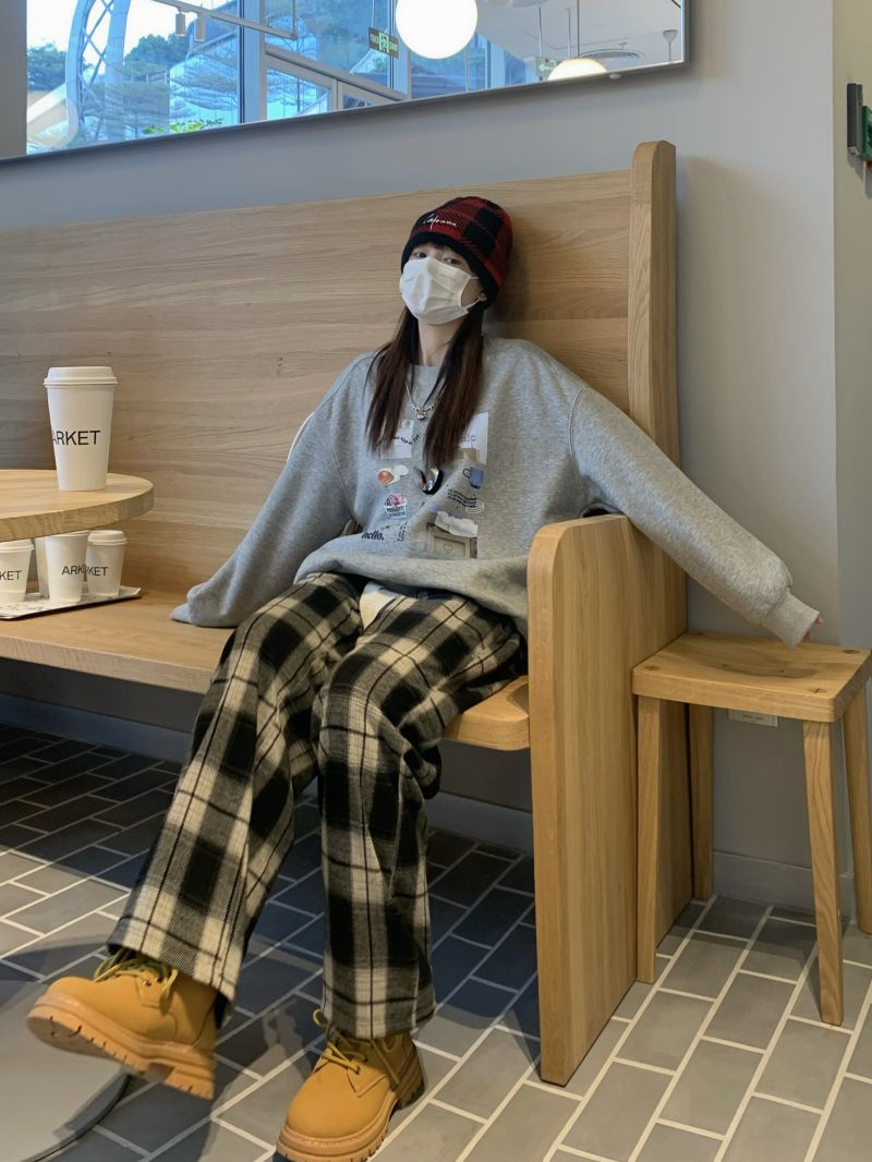 柄 パンツ 韓国風レトロチェック柄パンツ