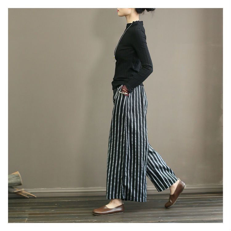 柄 パンツ 綿麻ストライプ柄ワイドパンツ ウエストゴム ゆったり楽ちん