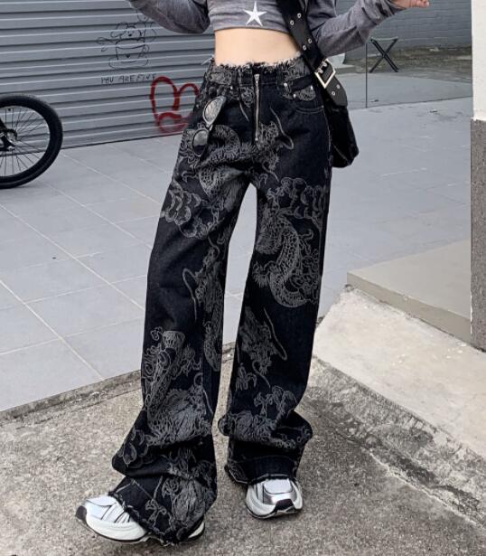 柄 パンツ 龍柄デニムハイウェストワイドパンツ