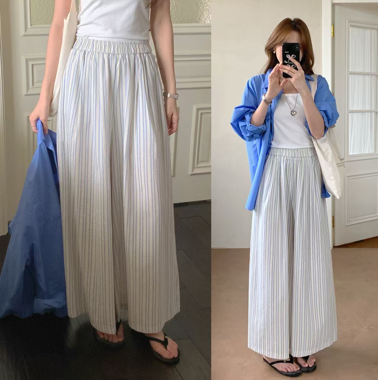 柄 パンツ 韓国風ストライプ柄ゆったりワイドパンツ