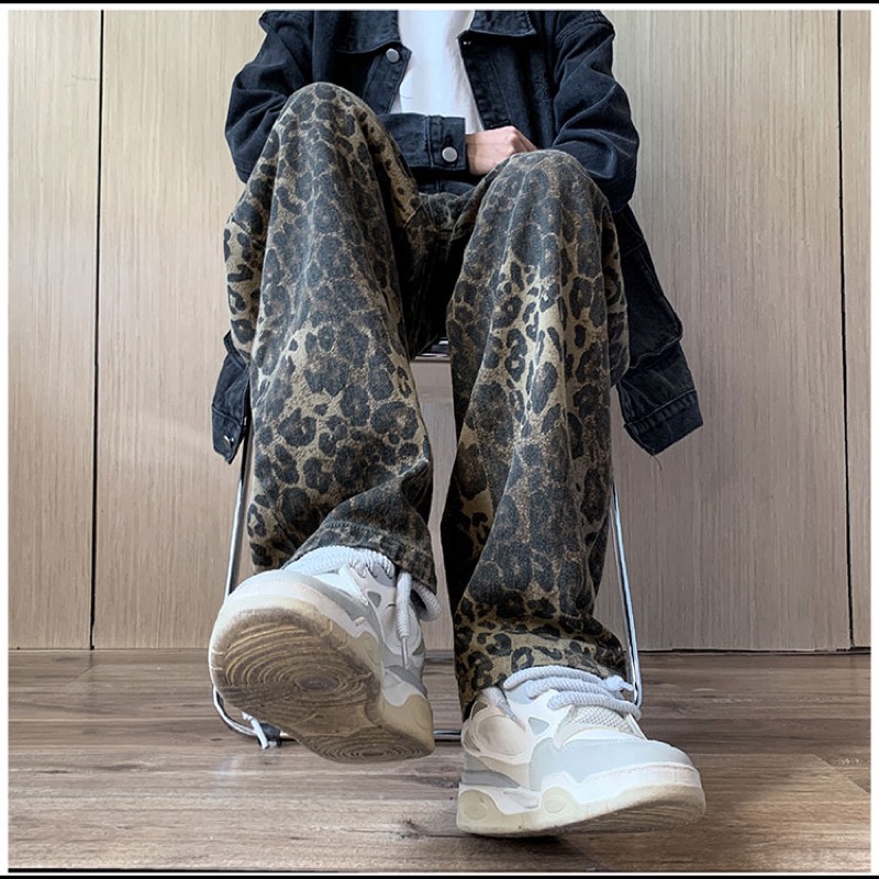 柄 パンツ 豹柄デニムパンツ ワイドストレート メンズ ボトムス