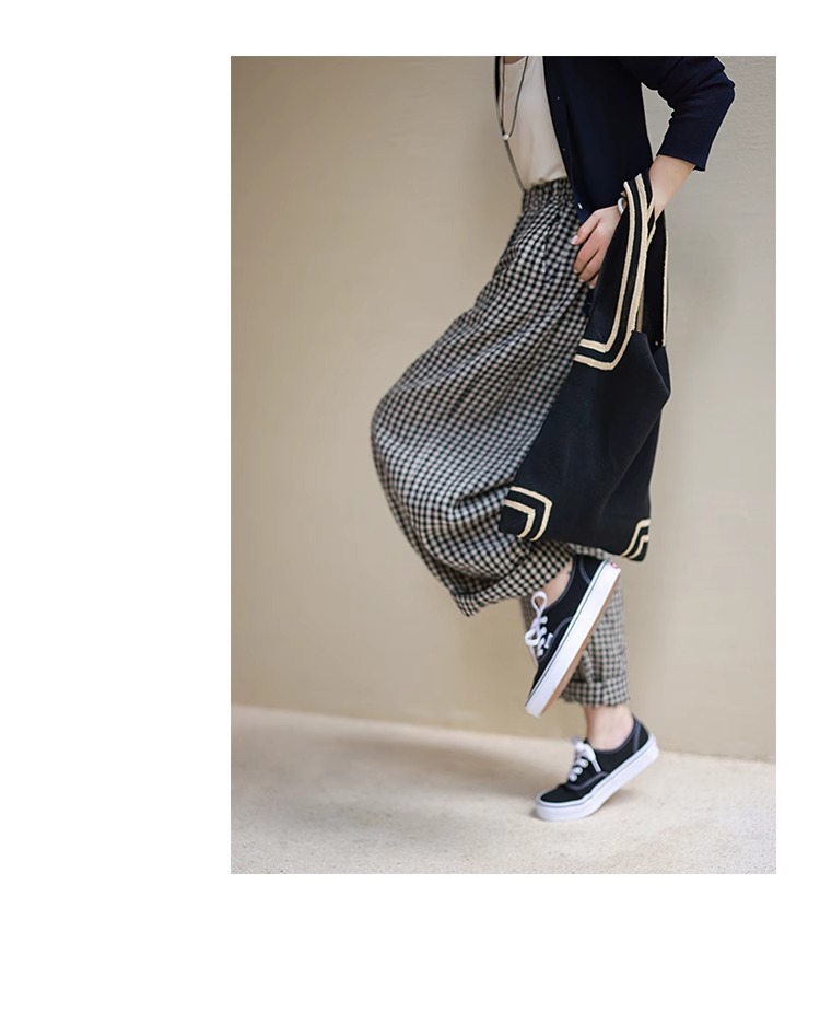 柄 パンツ ギンガムチェック柄ワイドパンツ ウエストゴム