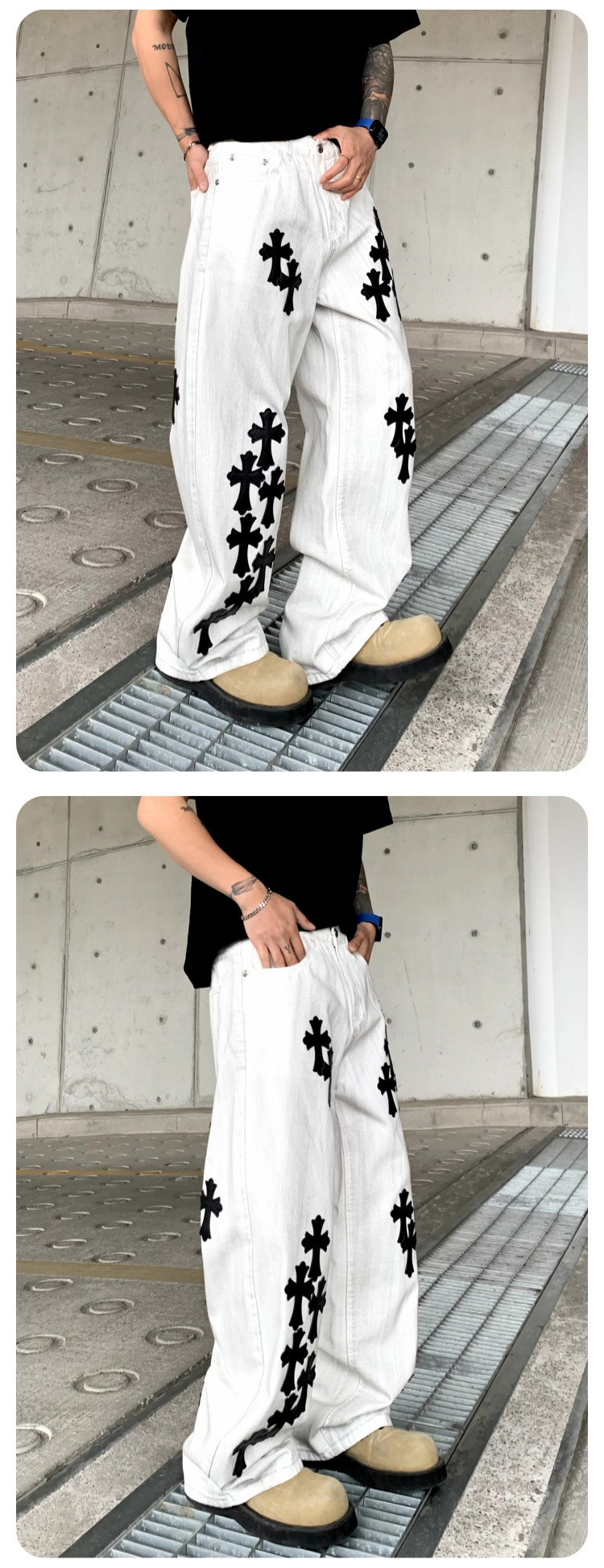 柄 パンツ 十字架刺繍ワイドパンツ