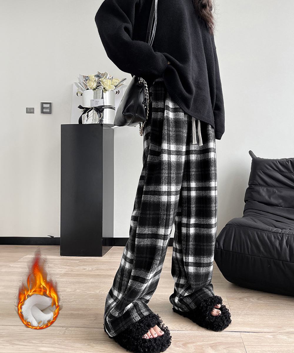 柄 パンツ チェック柄パンツ裏起毛ハイウエストワイドパンツ
