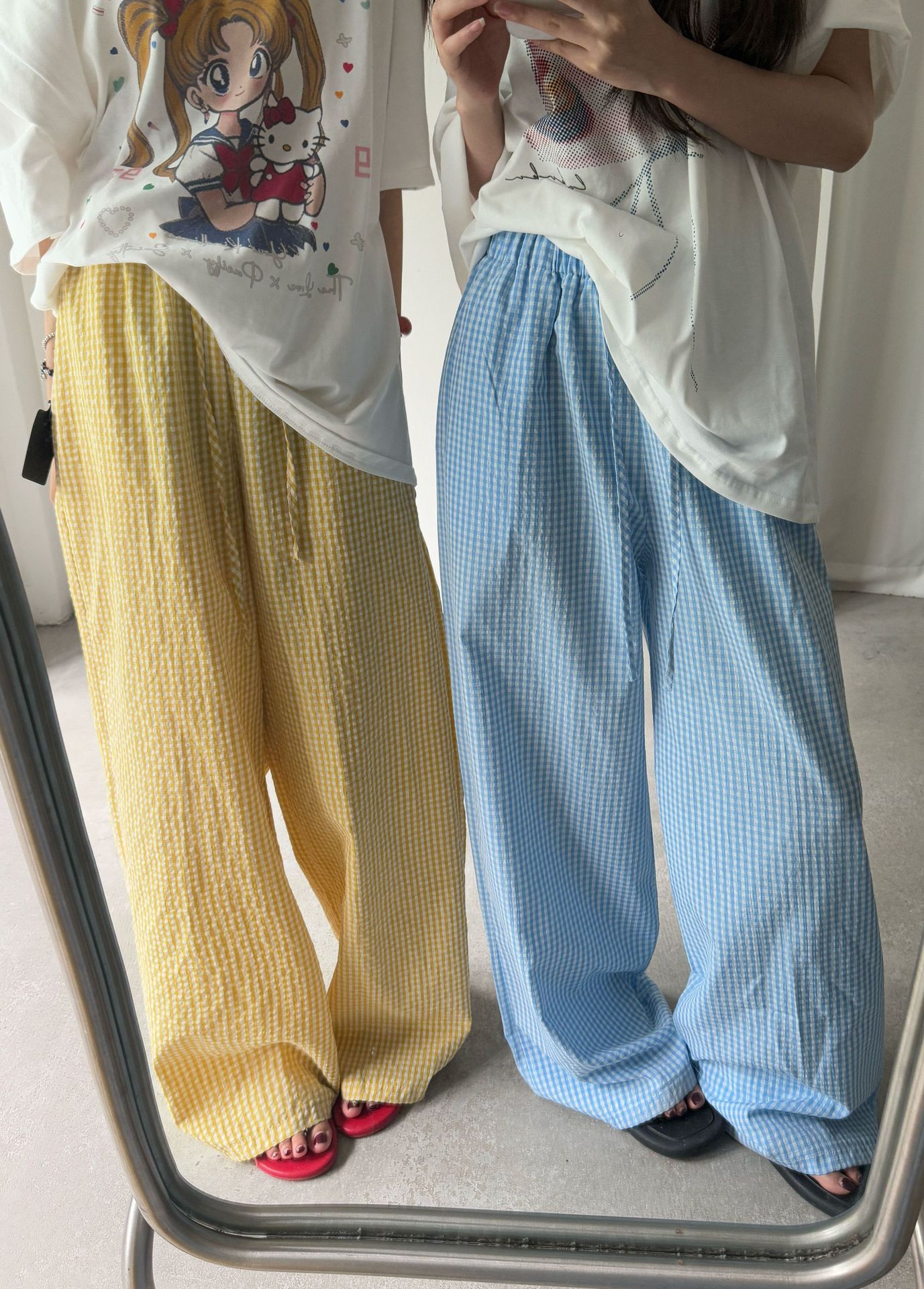 柄 パンツ ふんわり格子ワイドパンツ