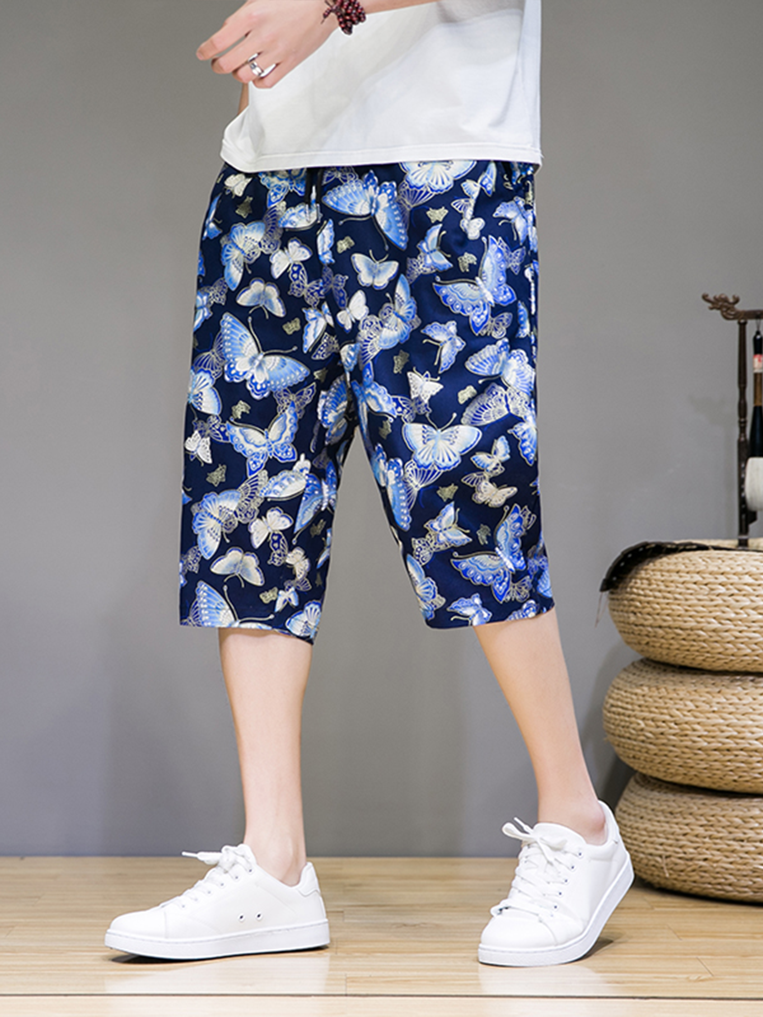 柄 パンツ 蝶々舞う涼やか七分丈パンツ