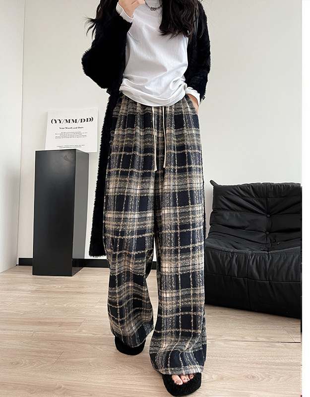 柄 パンツ レディースチェック柄ワイドパンツハイウエストロング丈