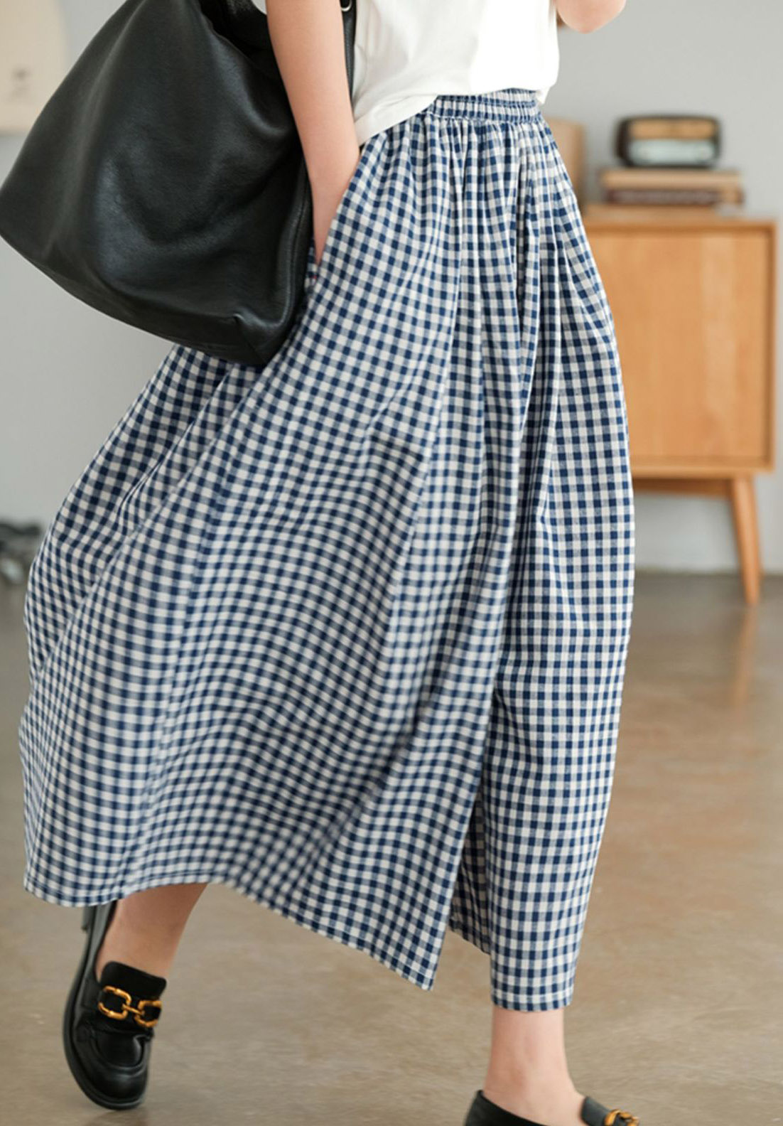 柄 パンツ 格子柄ワイドパンツ体系カバーギンガムチェック