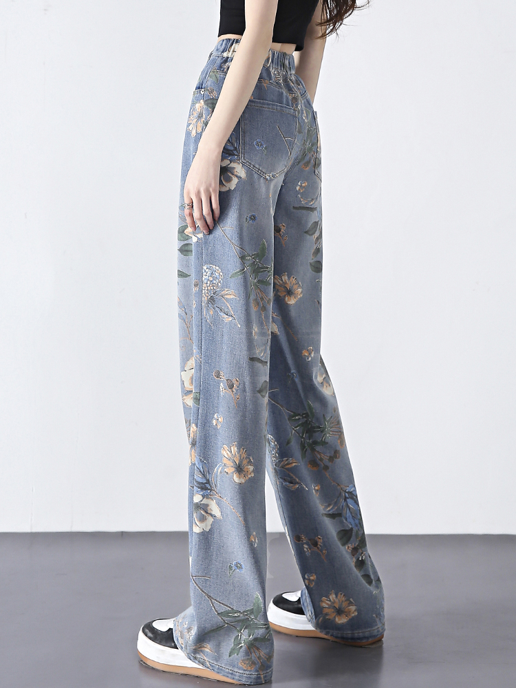 柄 パンツ 優美な花園ワイドデニム