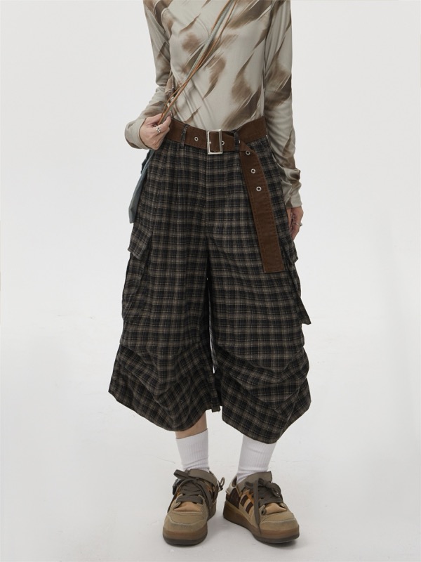 柄 パンツ チェック柄カーゴワイドパンツ七分丈