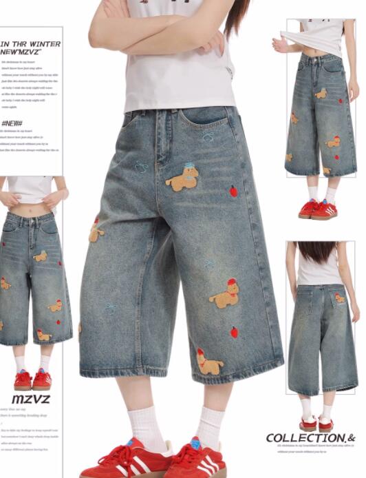 柄 パンツ あひる柄 デニム ワイドパンツ 七分丈 レディース