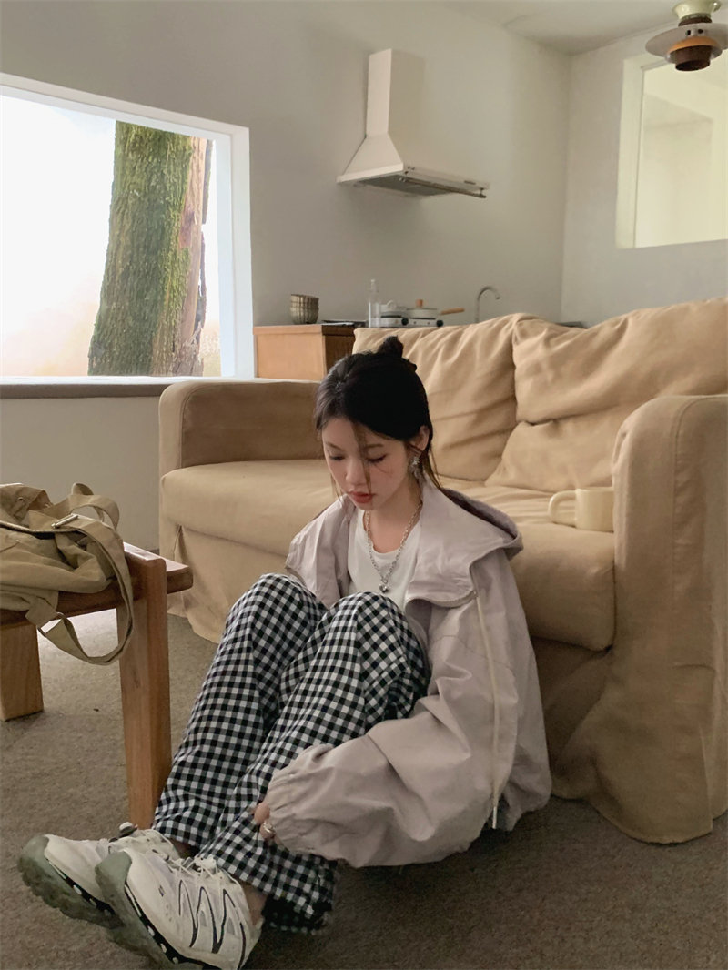 柄 パンツ ゆったりチェック柄ロングパンツ韓国風ワイドチノ