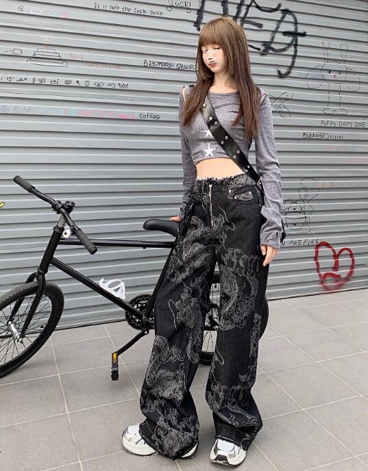 柄 パンツ 龍柄デニムハイウェストワイドパンツ