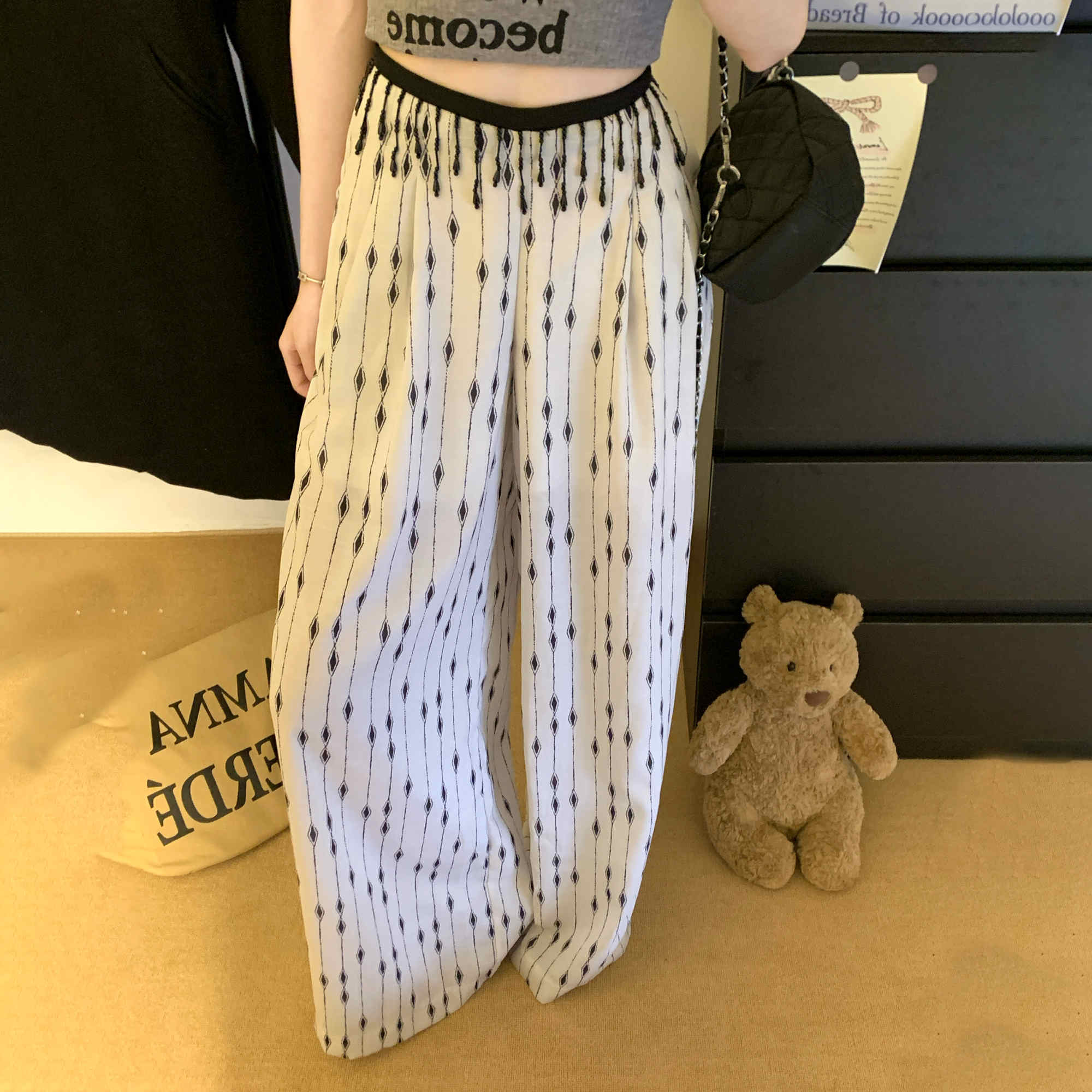 柄 パンツ 韓国風ダイヤ柄ワイドパンツ ゆったりカジュアル