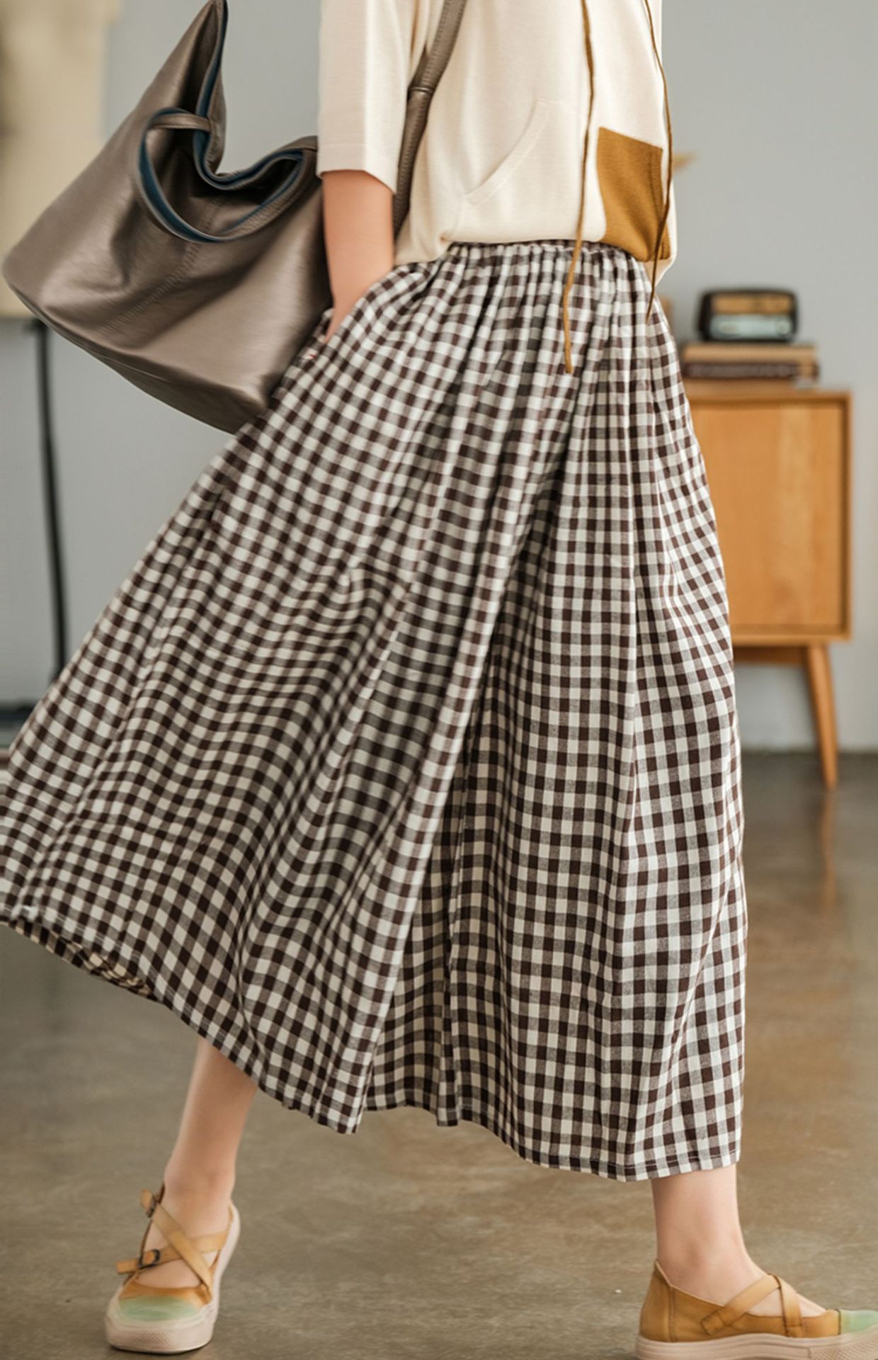 柄 パンツ 格子柄ワイドパンツ体系カバーギンガムチェック