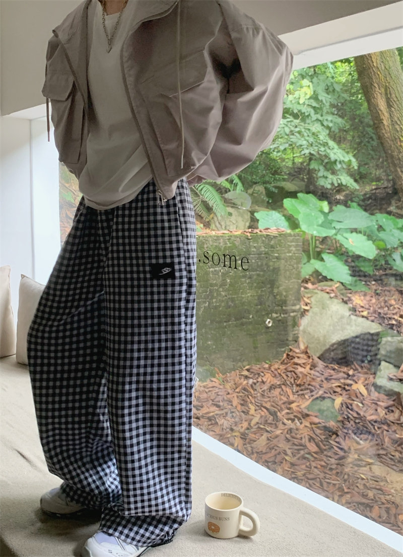 柄 パンツ ゆったりチェック柄ロングパンツ韓国風ワイドチノ