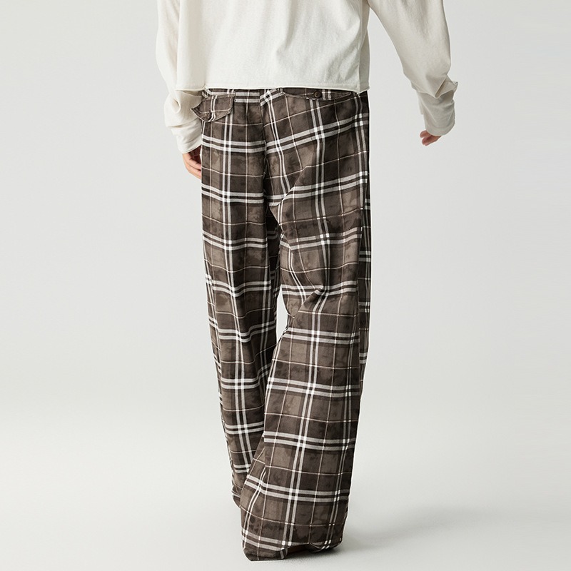 柄 パンツ レトロ格子柄ワイドパンツ チェック柄カジュアルボトムス