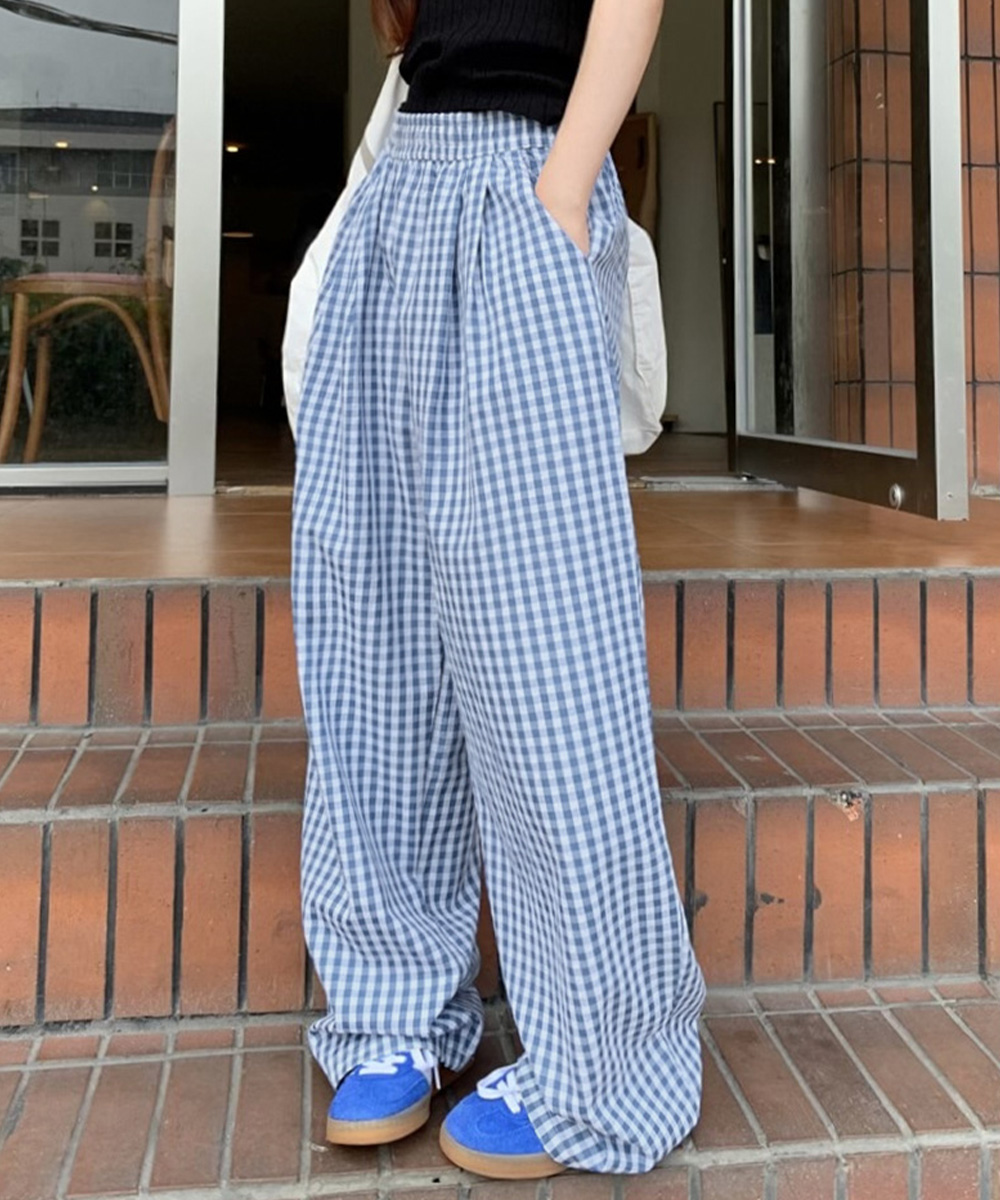 柄 パンツ ギンガムチェック柄ワイドパンツ ハイウエスト薄手