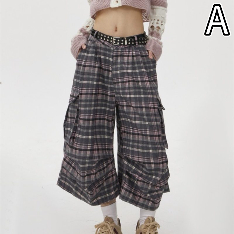 柄 パンツ チェック柄カーゴワイドパンツ七分丈