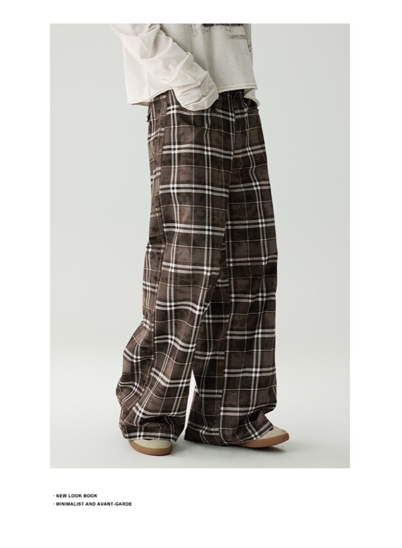 柄 パンツ レトロ格子柄ワイドパンツ チェック柄カジュアルボトムス