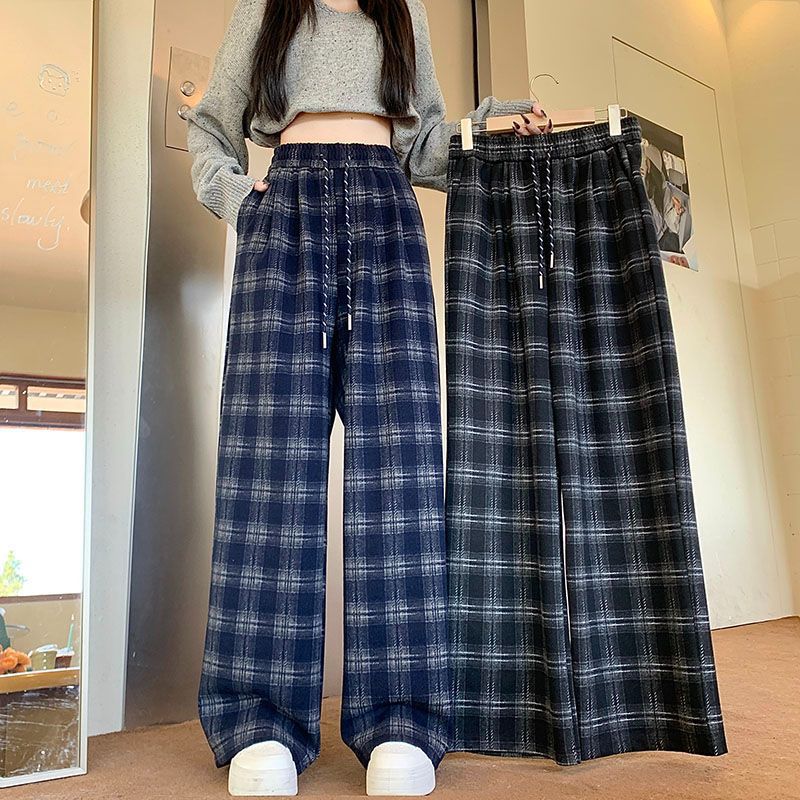 柄 パンツ チェック柄ワイドシルエット紐付きハイウエストパンツ