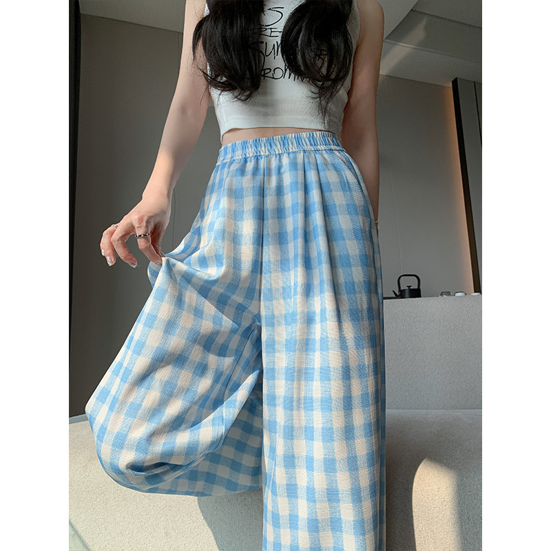 柄 パンツ 涼風格子ワイドパンツ