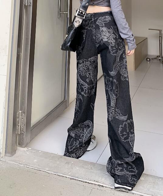 柄 パンツ 龍柄デニムハイウェストワイドパンツ