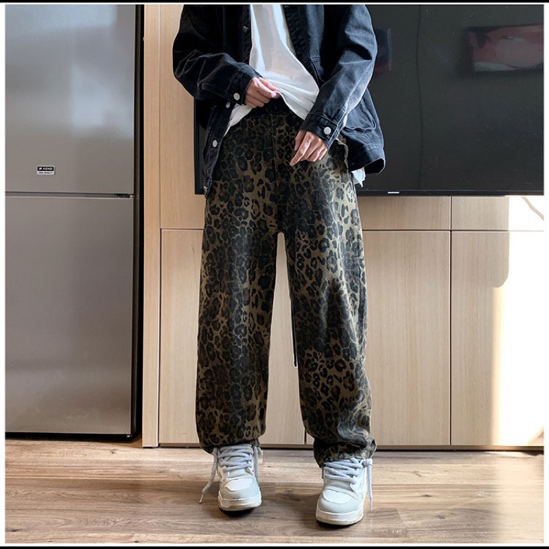 柄 パンツ 豹柄デニムパンツ ワイドストレート メンズ ボトムス
