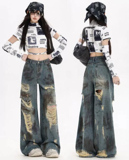 柄 パンツ ダメージ加工ワイドデニムパンツ レディースボトムス