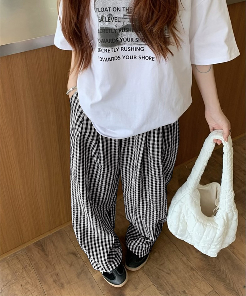 柄 パンツ ギンガムチェック柄ワイドパンツ ハイウエスト薄手