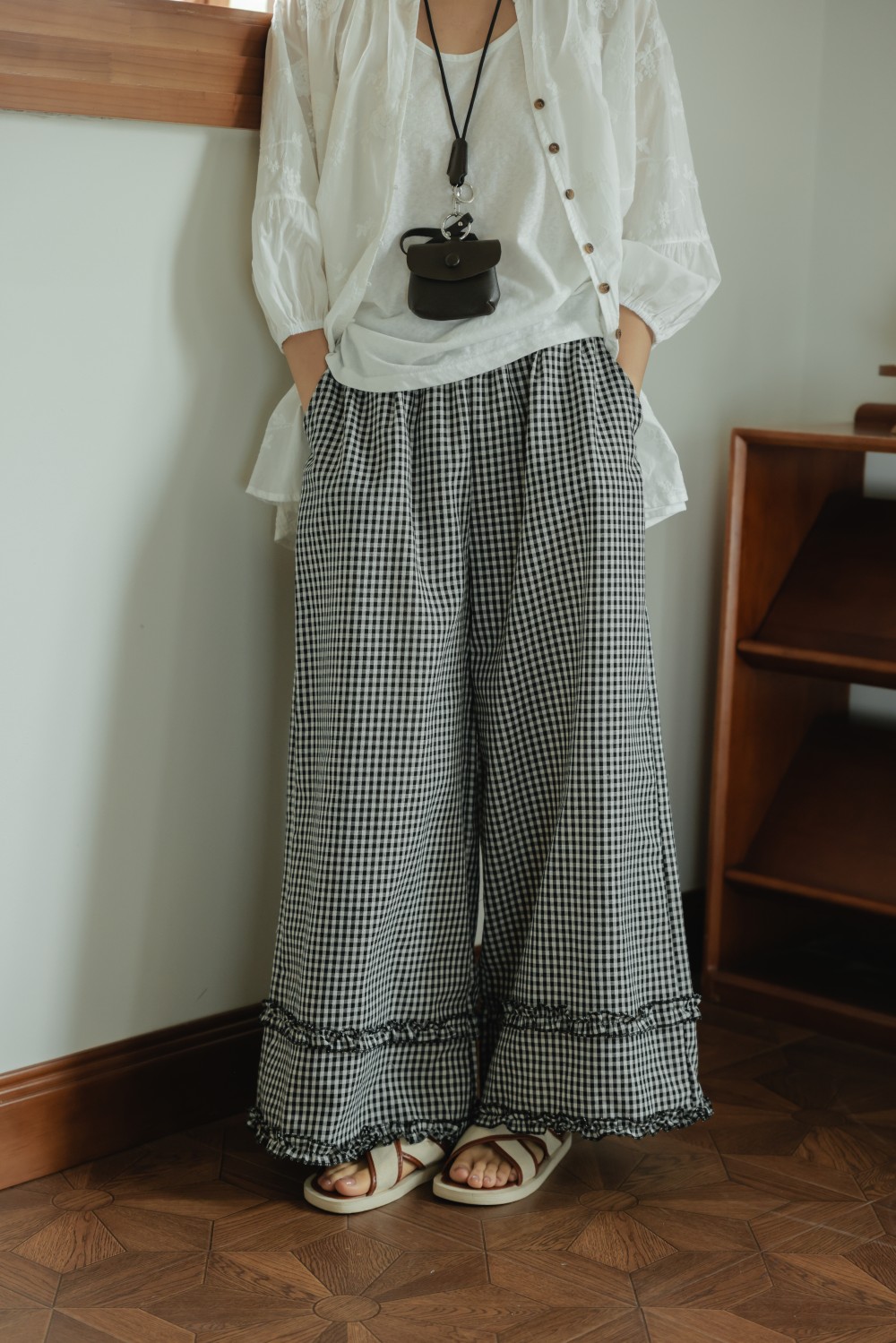 柄 パンツ 春夏新作 韓国風 チェック柄 フリルワイドパンツ
