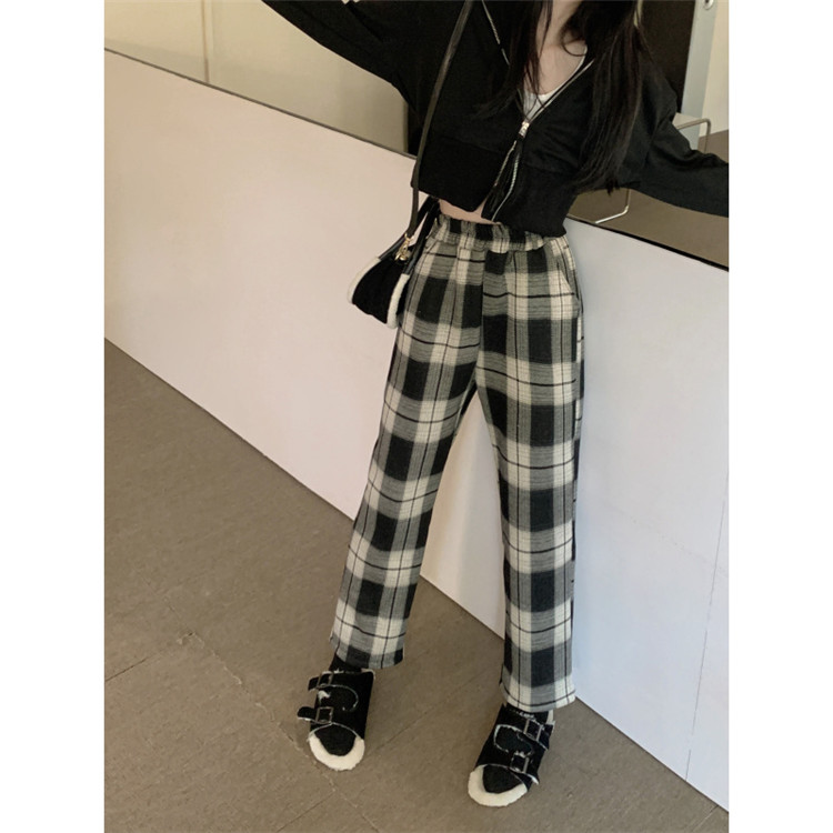 柄 パンツ 伸縮性抜群チェック柄ワイドパンツ女性用暖か厚手
