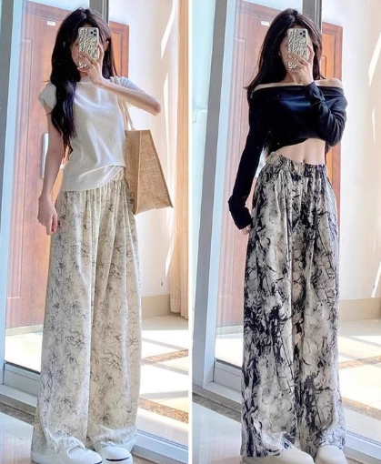 柄 パンツ 夏の花柄ワイドパンツ ウエストゴム薄手シフォン