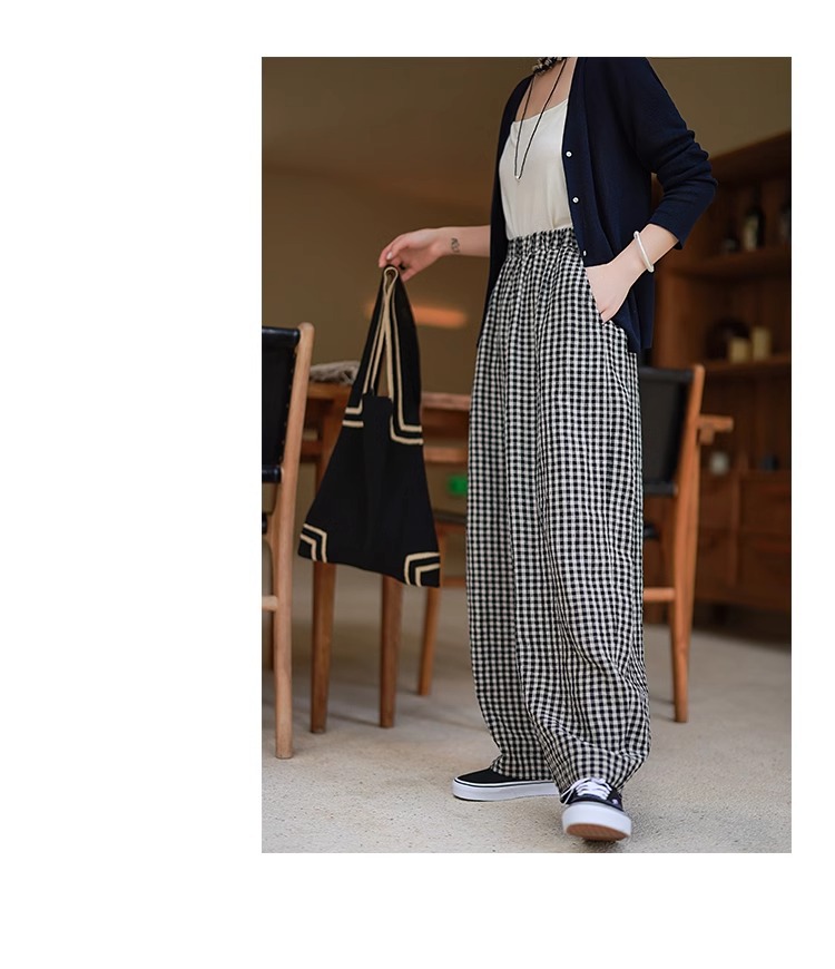 柄 パンツ ギンガムチェック柄ワイドパンツ ウエストゴム