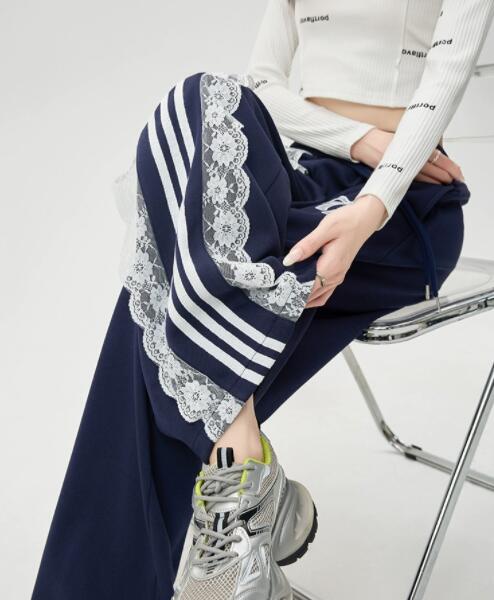 柄 パンツ ストライプ柄レース装飾スウェットパンツ
