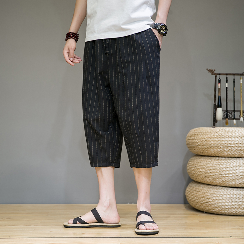 柄 パンツ 涼やか七分丈ストライプワイドパンツ
