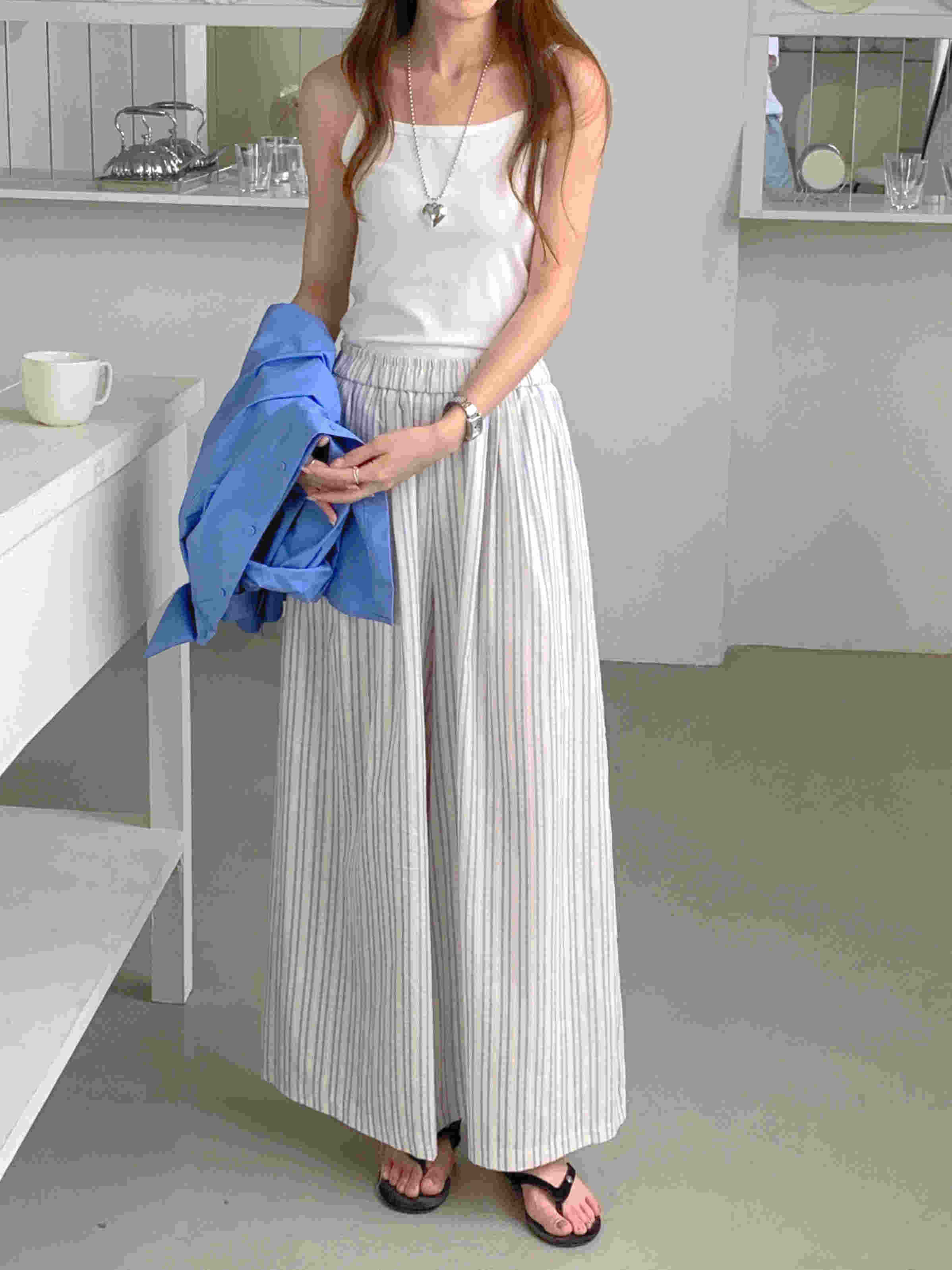 柄 パンツ 韓国風ストライプ柄ゆったりワイドパンツ