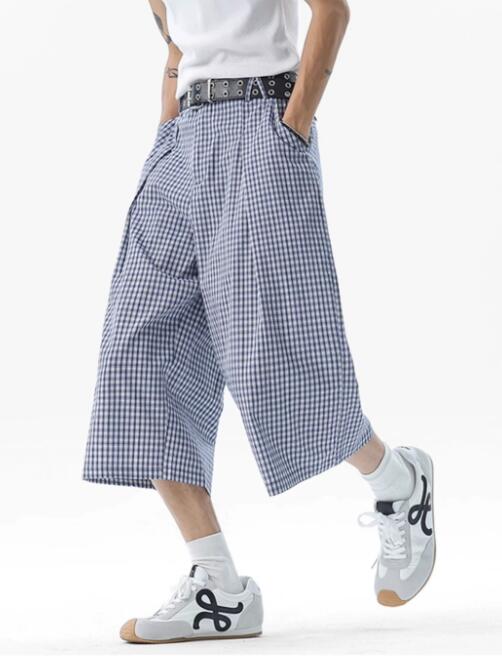 柄 パンツ チェック柄ワイドパンツ七分丈ゆったりシルエット