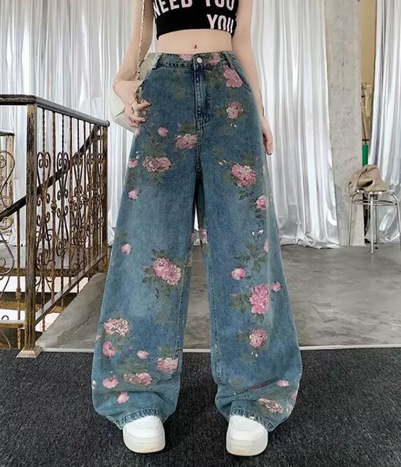 柄 パンツ 花柄プリントワイドデニムパンツ