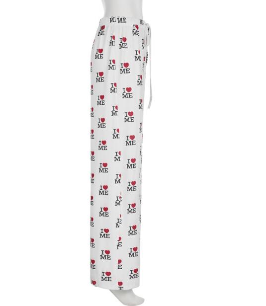 柄 パンツ ハート柄プリントワイドパンツ レディース